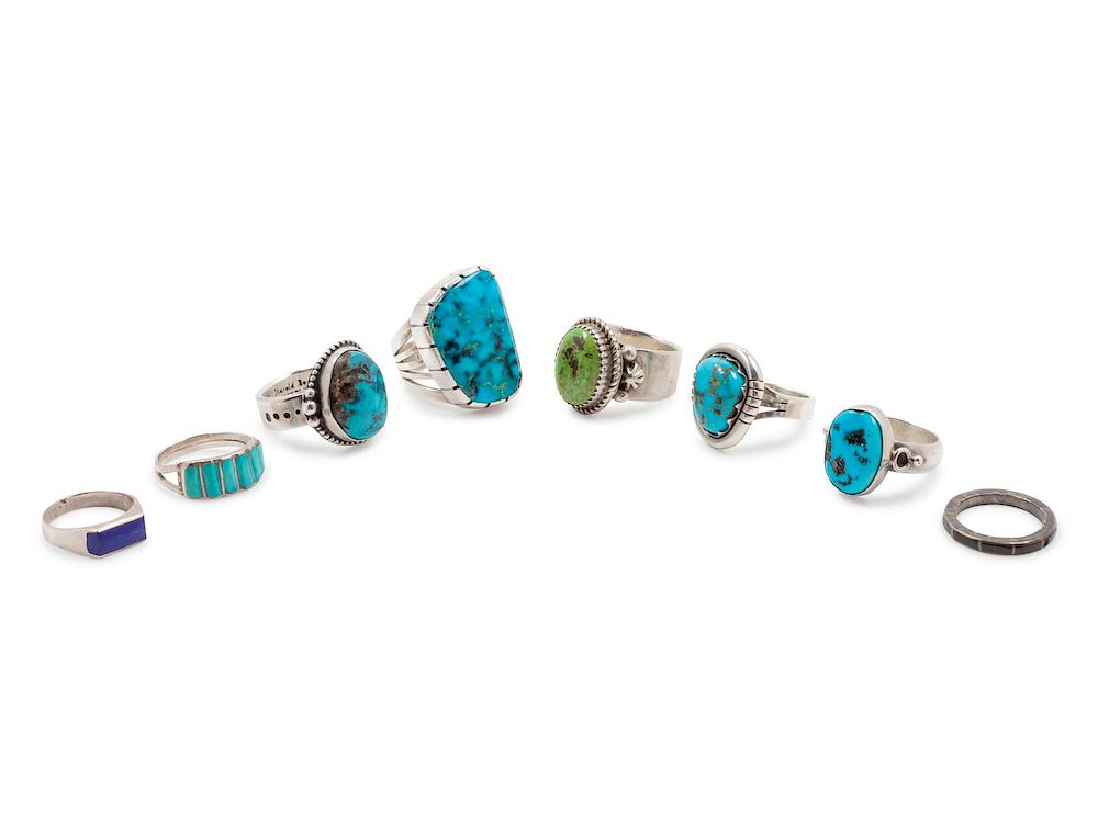 Appraisal: Eight Southwestern Sterling Silver Rings with Stones Eight Southwestern Sterling