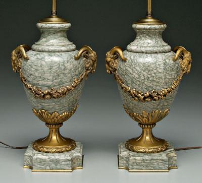 Appraisal: Pair ormolu mounted marble lamps green marble urns with canted