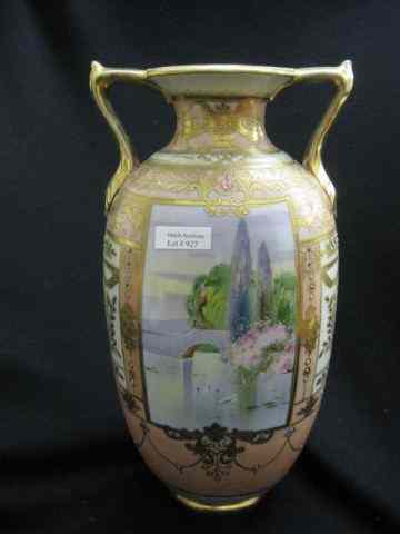 Appraisal: Nippon Handpainted Porcelain Vase swans on lake in panel decor