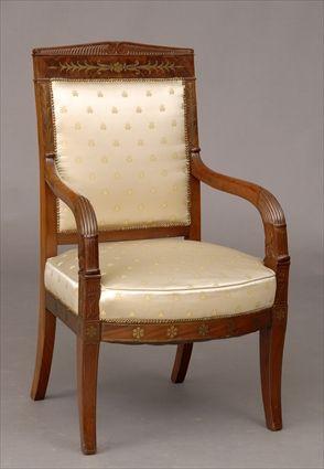 Appraisal: EMPIRE BRASS-INLAID CARVED MAHOGANY FAUTEUIL A LA REINE The pitched