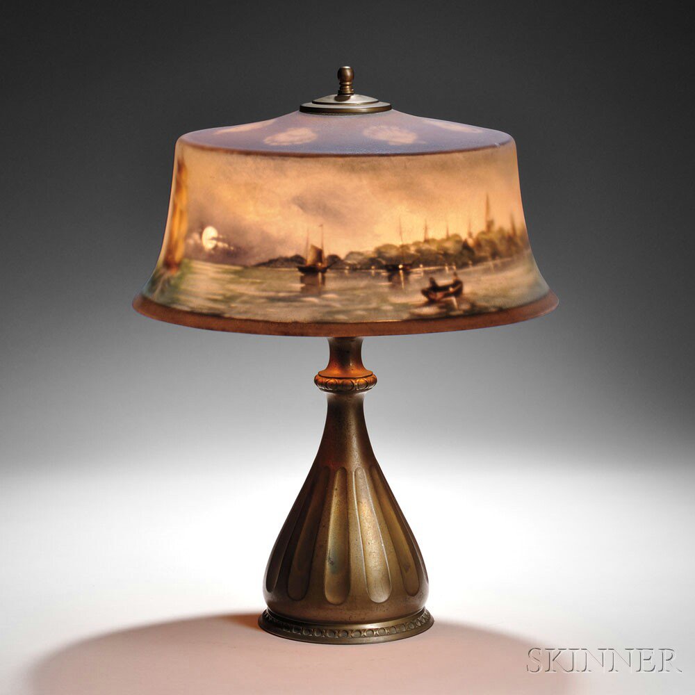 Appraisal: Pairpoint Table Lamp Reverse-painted glass and patinated metal New Bedford