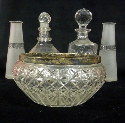 Appraisal: A square cut glass decanter a globular decanter two frosted