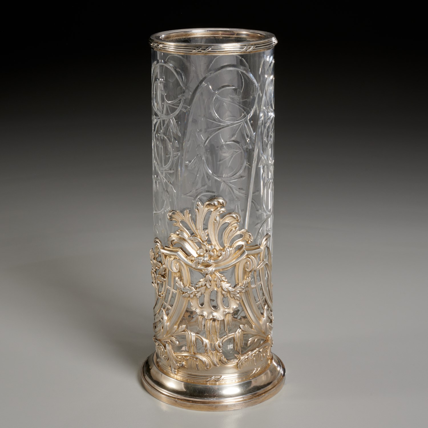 Appraisal: NICE FRENCH SILVER MOUNTED CRYSTAL VASE th c cylindrical in