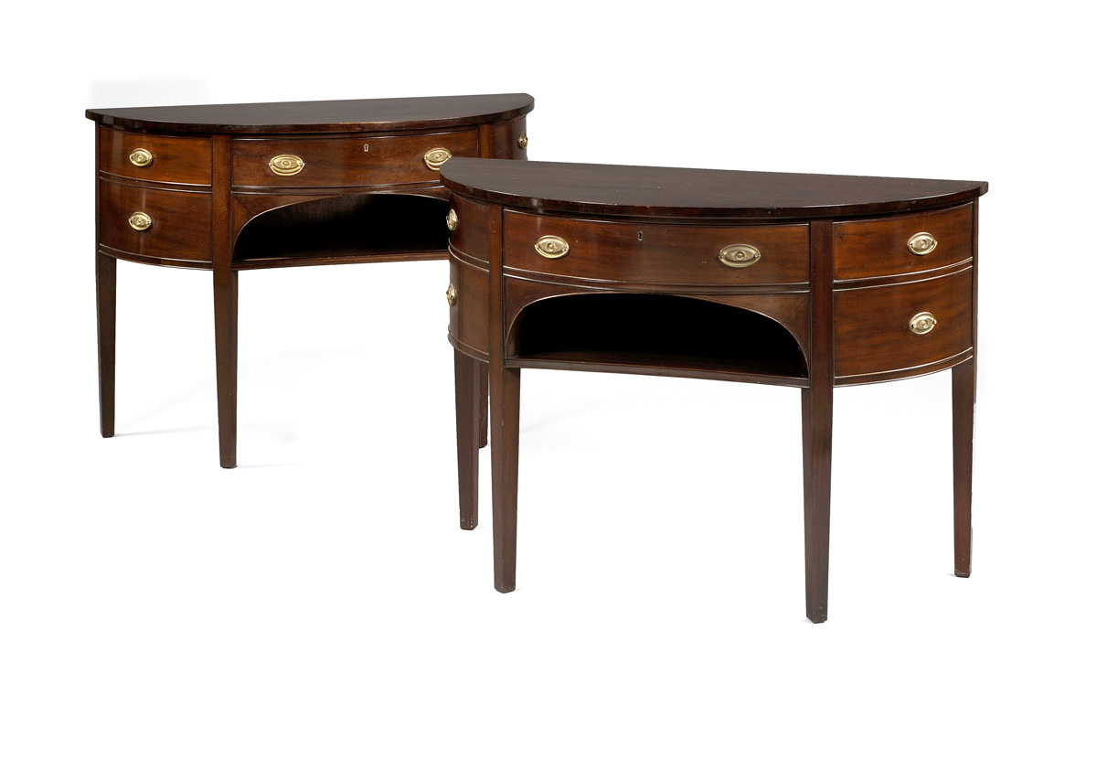 Appraisal: PAIR OF HEPPLEWHITE STYLE MAHOGANY DEMILUNE SIDEBOARDS The D-shaped top