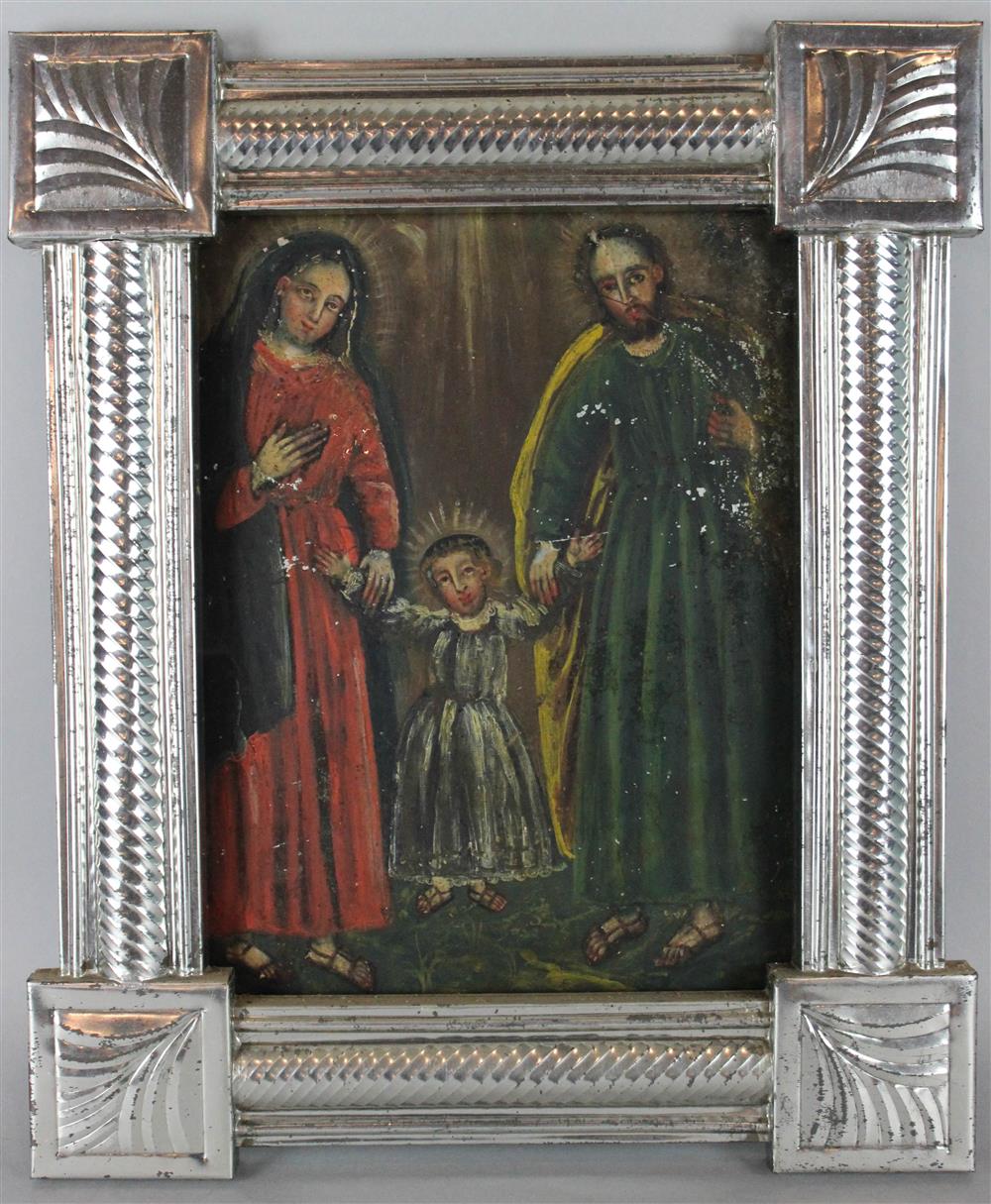 Appraisal: MEXICAN SCHOOL RETABLO OF THE HOLY FAMILY in a decorative