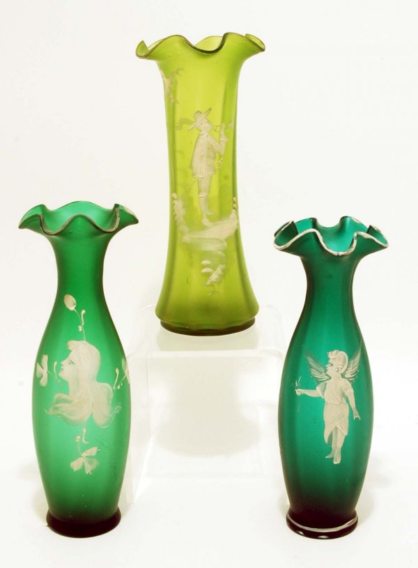 Appraisal: Three Mary Gregory type satin glass vases One - olive