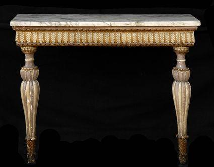 Appraisal: SWEDISH NEOCLASSICAL CARVED PAINTED AND PARCEL-GILT CONSOLE TABLE The striated