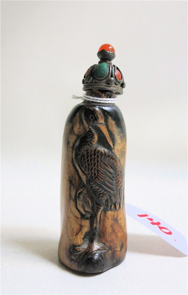 Appraisal: CHINESE WOOD SNUFF MEDICINE BOTTLE having stork carved on side