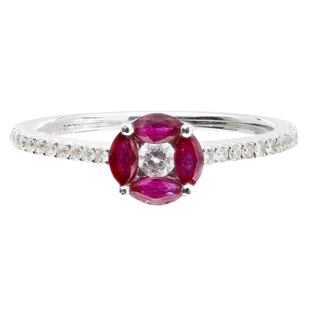 Appraisal: A ruby and diamond cluster ringset with a central round