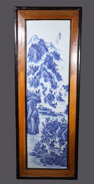 Appraisal: Large Chinese framed blue and white porcelain plaque with calligraphy