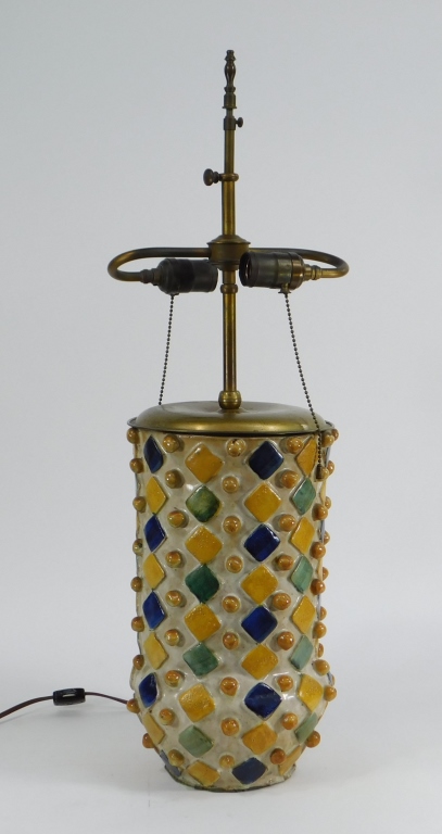 Appraisal: ITALIAN MCM GLAZED ART POTTERY TABLE LAMP Italy Circa Cylindrical