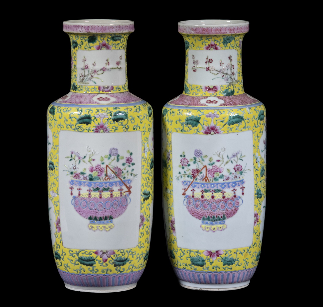 Appraisal: PR OF CHINESE ROULEAU VASES IN FAMILLE ROSE High shouldered