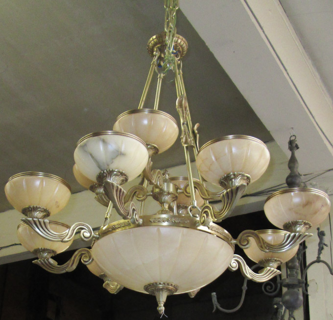 Appraisal: SIXTEEN LIGHT BRONZE AND ALABASTER CHANDELIER Lamps Plus European Collection