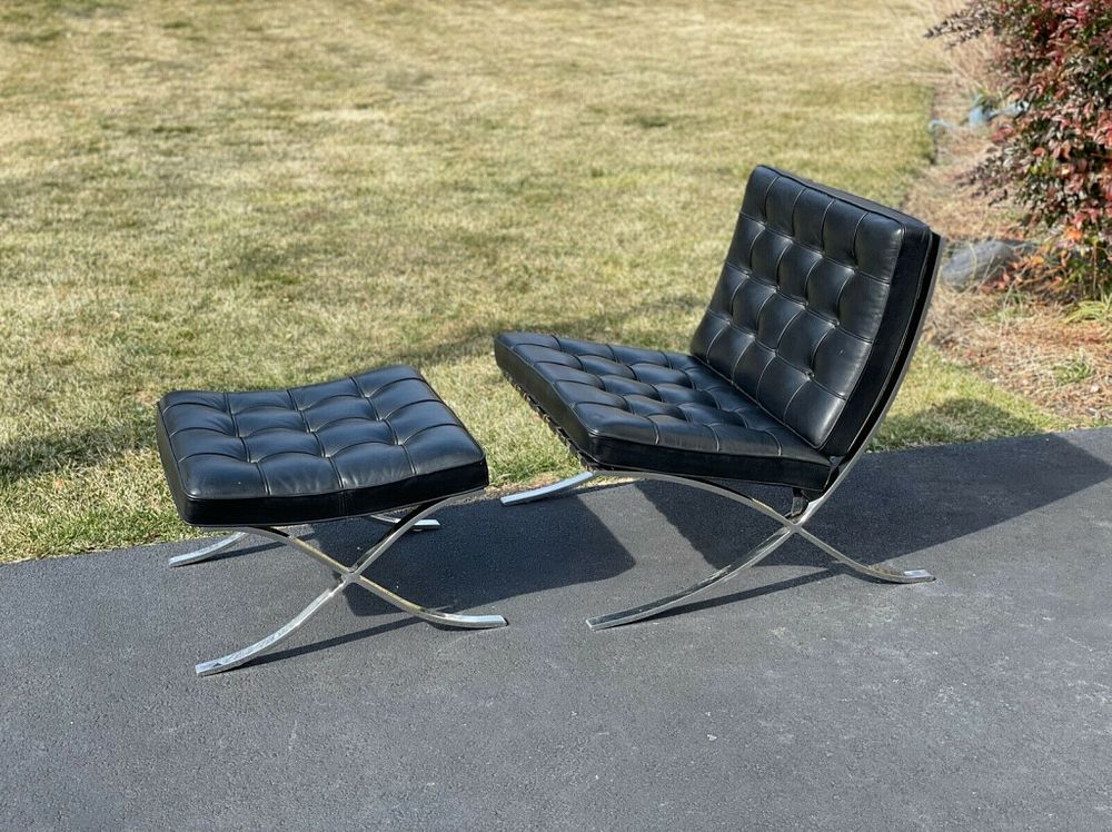 Appraisal: Knoll Barcelona Chair Ottoman Black Stamped Knoll Barcelona Chair And