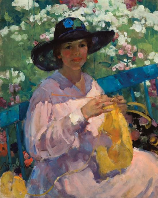 Appraisal: MARTHA WALTER American - Lady Knitting in a Flower Garden