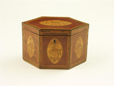 Appraisal: A George III mahogany hexagonal tea caddy inlaid with seven