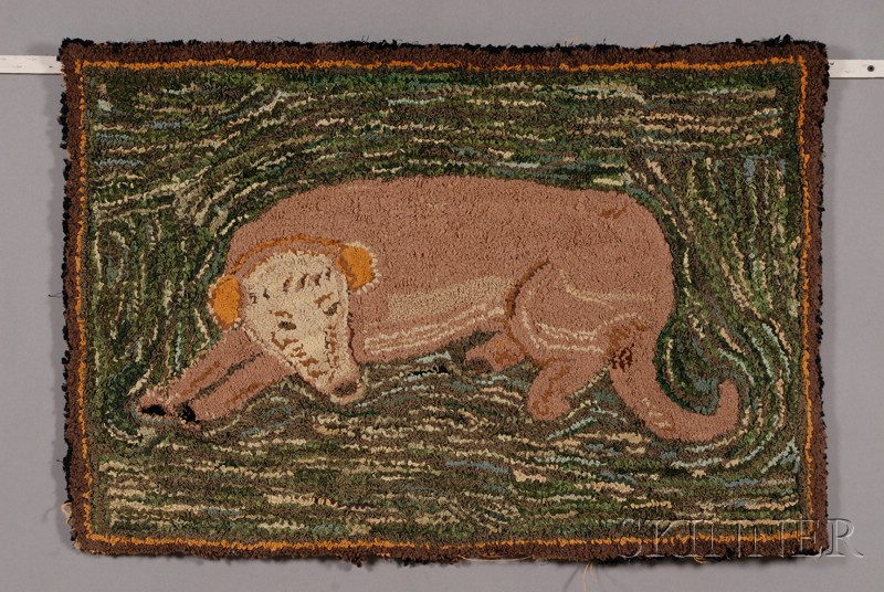 Appraisal: Shirred Wool Pictorial Hooked Rug with a Reclining Dog on