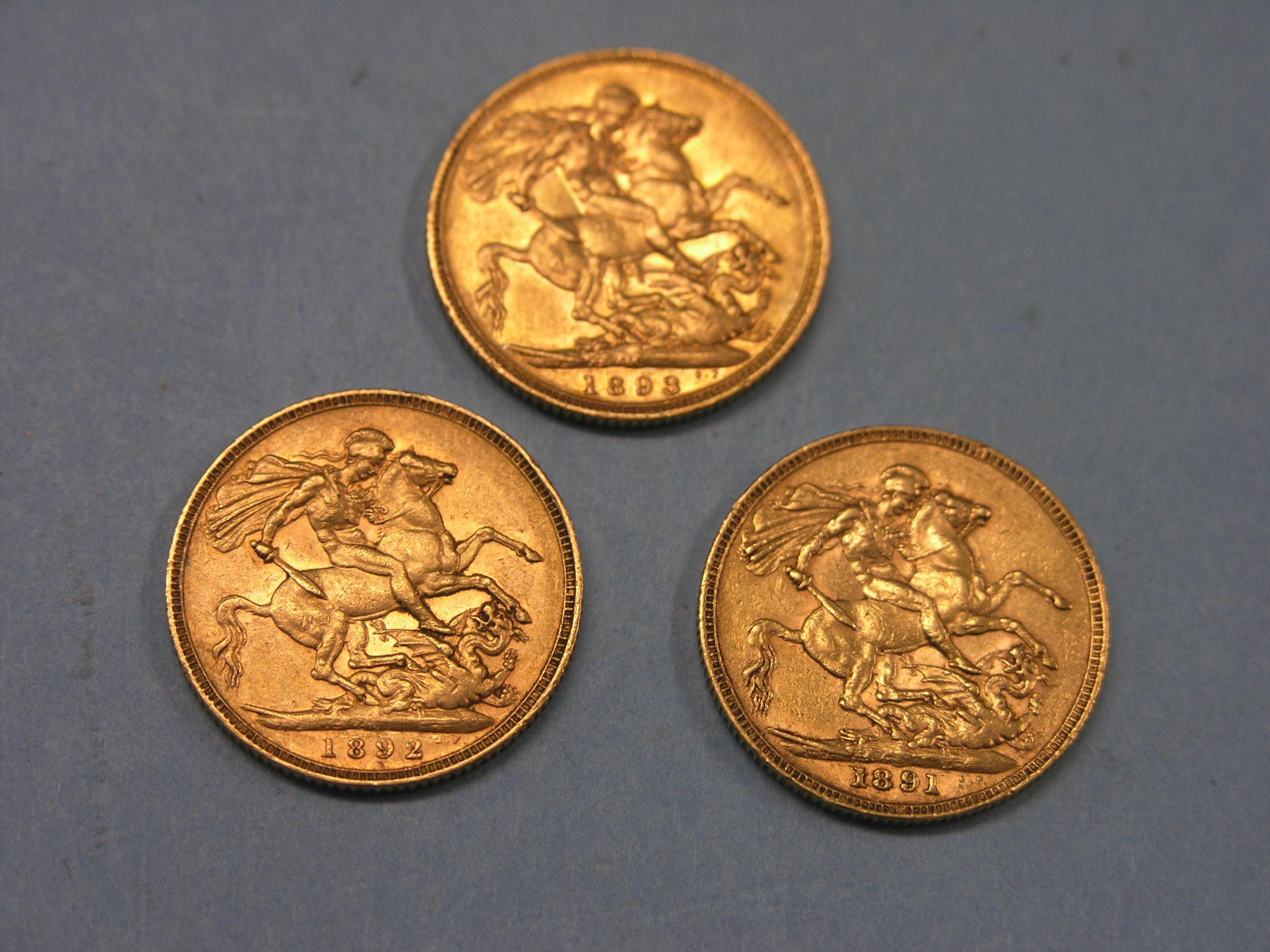 Appraisal: Three Victorian gold Sovereigns includes two Melbourne mint