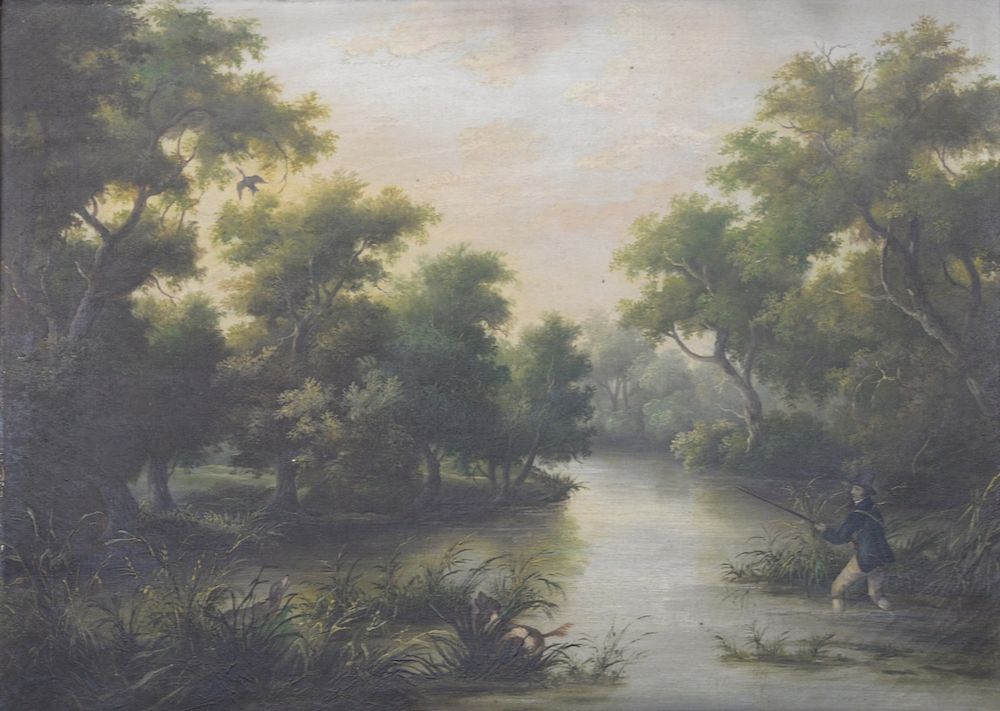 Appraisal: th Century Landscape oil on canvas Duck Hunt on River