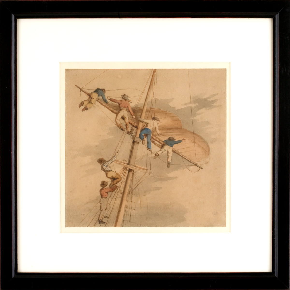 Appraisal: FURLING SAIL EARLY NINETEENTH CENTURY WATERCOLOR OF SAILORS ALOFT On