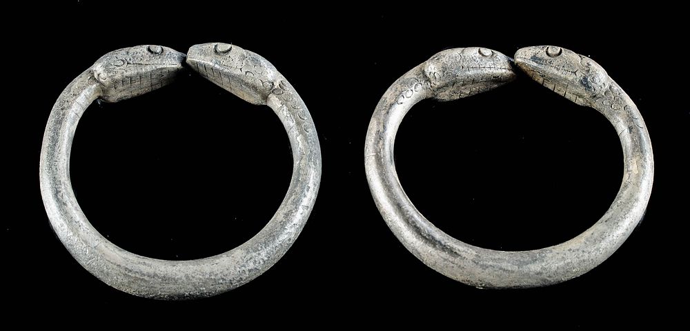 Appraisal: Archaic Greek Silver Bracelets w Serpent Head Termini Greece Archaic