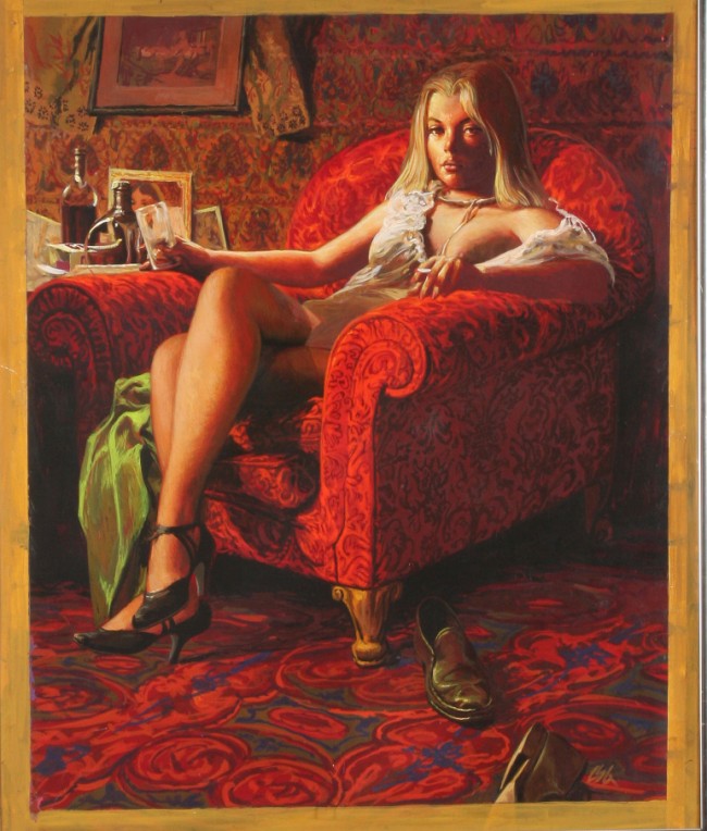 Appraisal: Argossy Illustration of woman in red chair acrylic on board