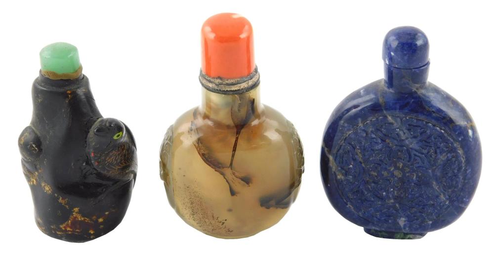 Appraisal: ASIAN Five Chinese snuff bottles th C Canton enamel stone