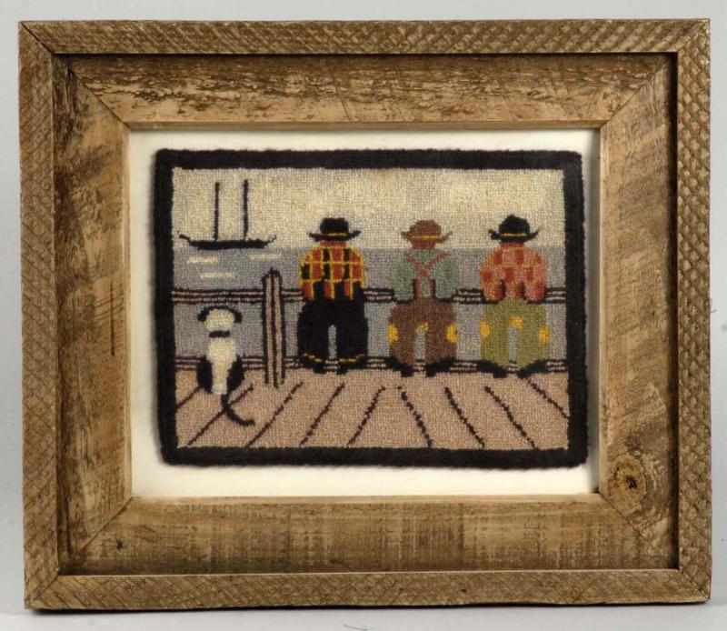 Appraisal: Small Hook Rug with Men Standing on Fence Description Framed