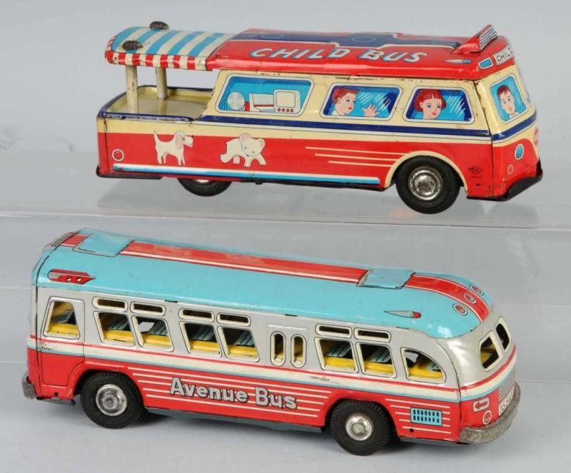 Appraisal: Lot of Tin Litho Bus Friction Toys Description Japanese Working