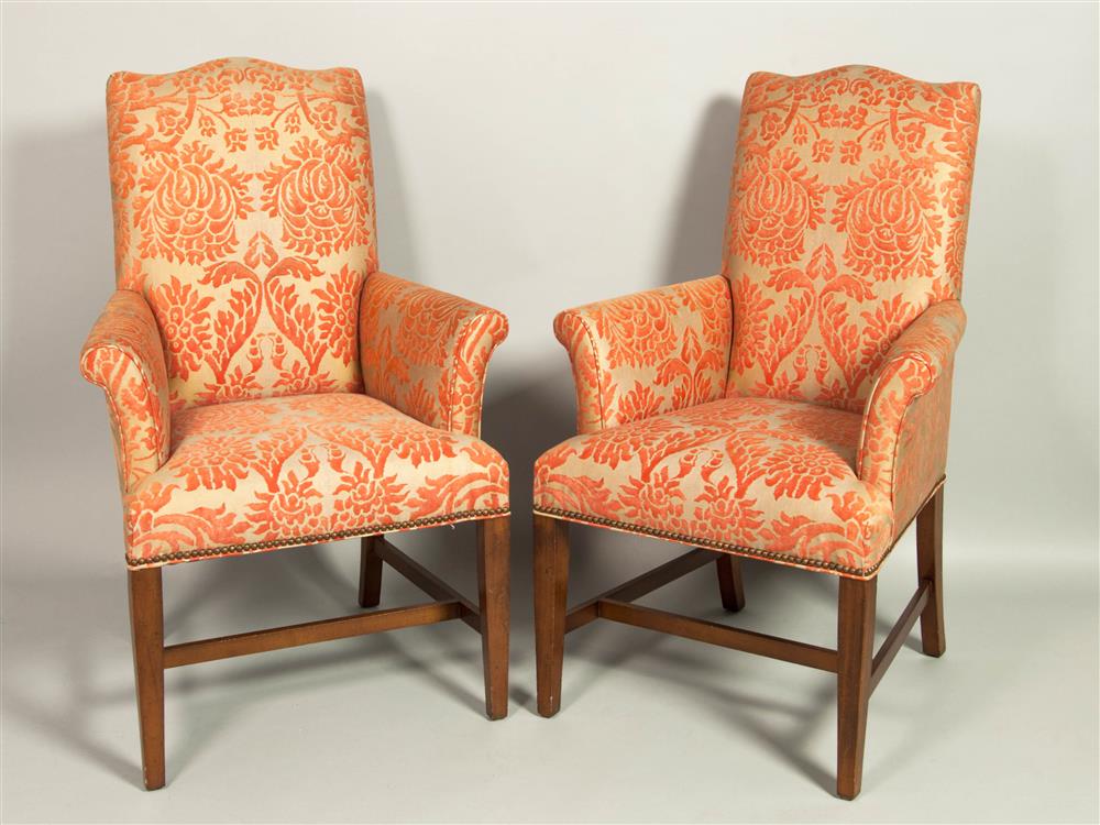 Appraisal: PAIR OF SCHUMACHER FURNISHINGS HOST ARMCHAIRS shaped tight back above