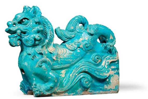 Appraisal: TURQUOISE GLAZED ROOF TILE LION China ca Jh L cm