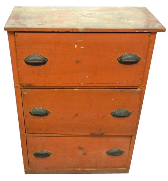 Appraisal: Small storage chest pine painted red three deep graduated drawers