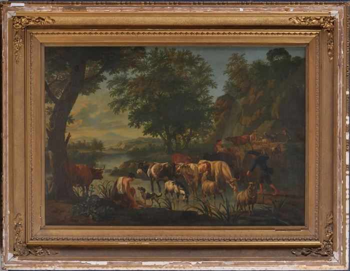 Appraisal: CONTINENTAL SCHOOL BUCOLIC PASTORAL SCENE WITH ANIMALS SHEPHERD AND MAIDENS