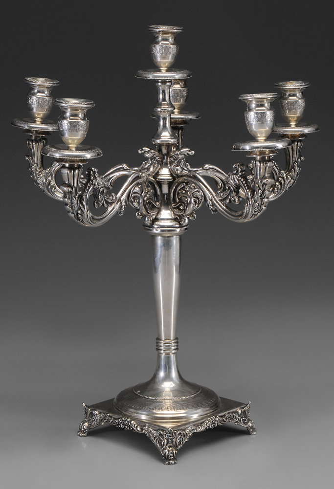 Appraisal: Continental Silver Six-Cup Candelabra late th century griffin arms acanthus