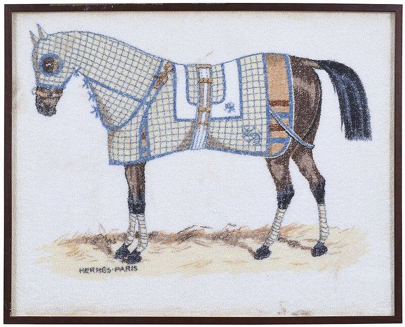 Appraisal: Framed Herm s Horse Print on Terry Cloth Towel printed