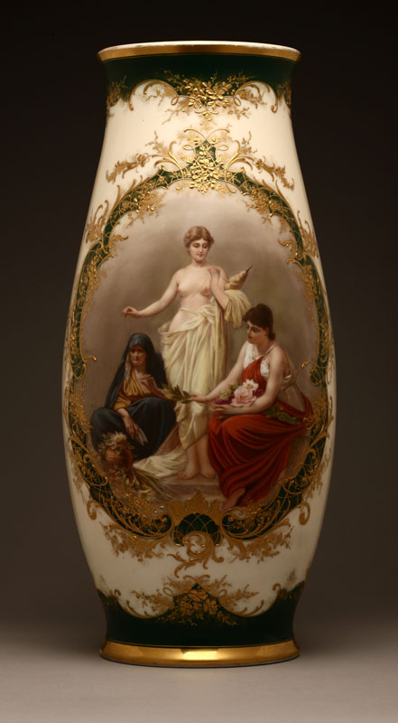 Appraisal: A large Bohemian or German painted opalescent glass vase the