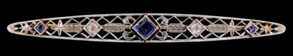 Appraisal: JEWELRY K filigree sapphire and diamond bar pin stamped and