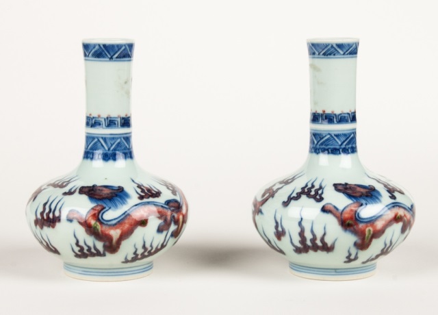 Appraisal: Pair of Chinese doucai porcelain vases bottle-form vases with dragon