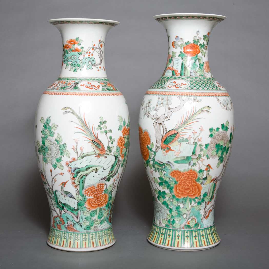 Appraisal: Pair of Chinese Famille Verte Glazed Porcelain Vases Each enameled