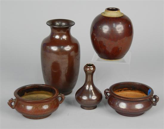 Appraisal: SIX CHINESE IRON GLAZED WARES including a baluster vase a