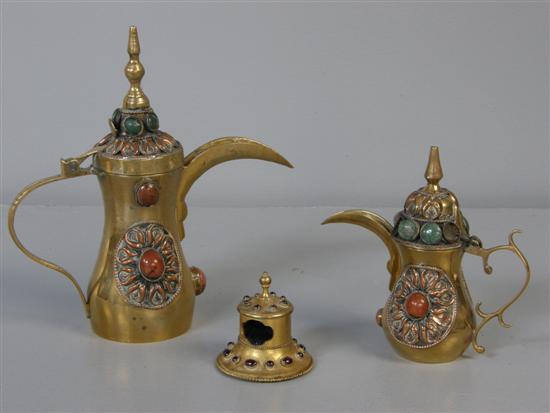 Appraisal: Indian brass and copper coffee pot with hardstone decoration with