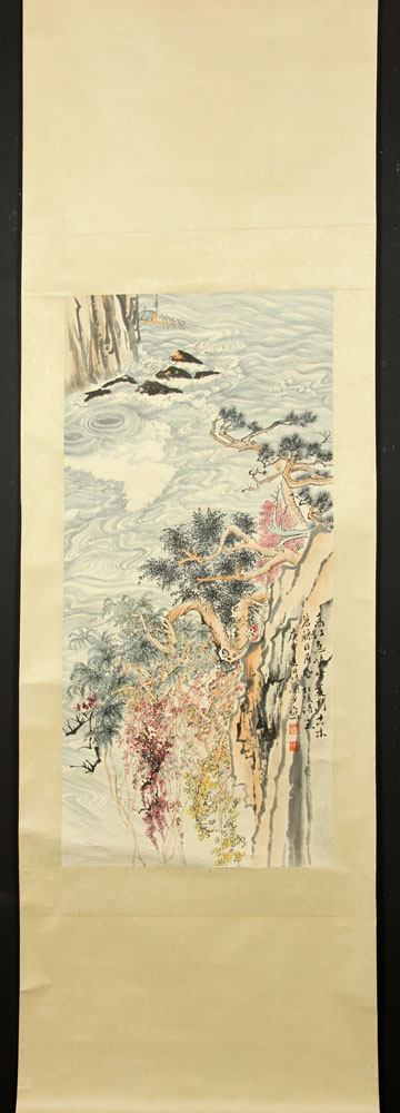 Appraisal: - Chinese Watercolor Scroll Painting Chinese watercolor scroll painting of