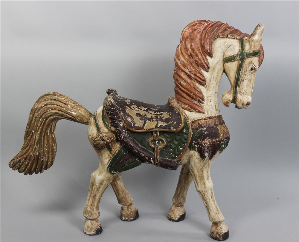 Appraisal: CHINESE STYLE PAINTED AND DECORATED WOOD HORSE the white painted