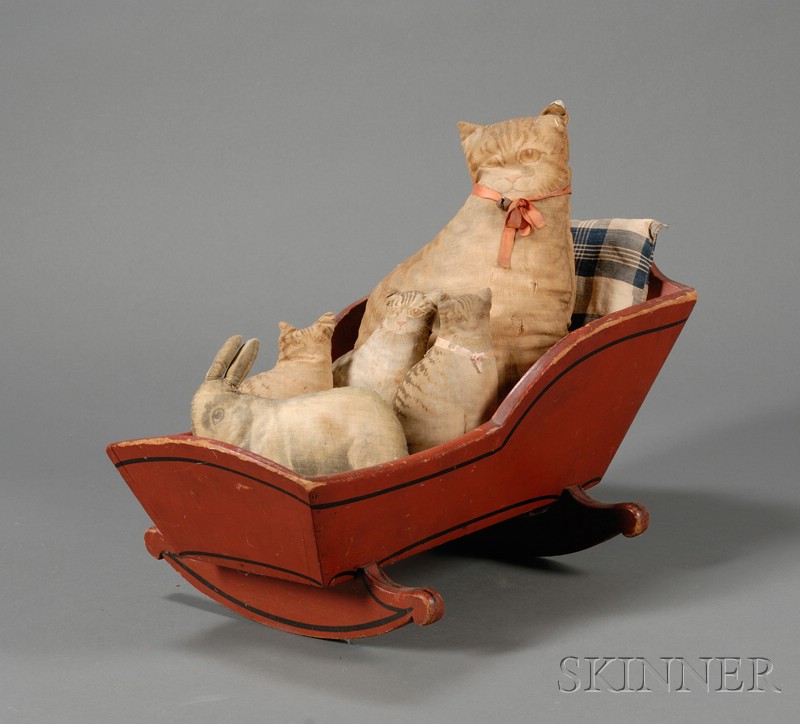 Appraisal: Red-painted Doll Cradle with Four Lithographed Cloth Cats and a