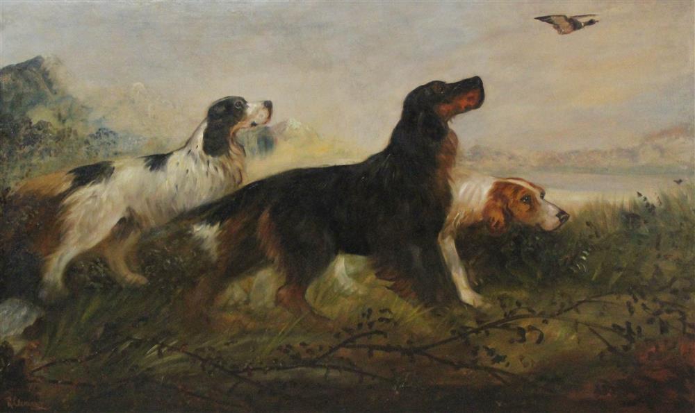 Appraisal: ROBERT CLEMINSON BRITISH - SPANIELS SNIFFING DUCK IN FLIGHT Oil