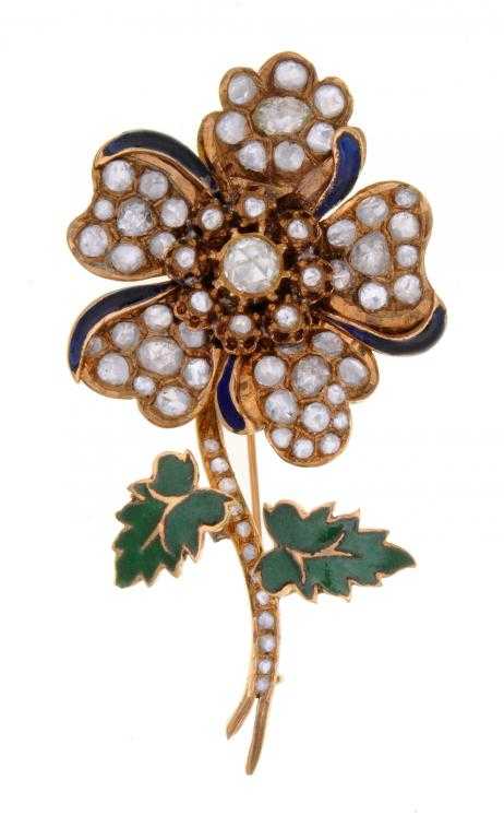 Appraisal: A ROSE DIAMOND SET GOLD AND ENAMEL FLOWER BROOCH mounted