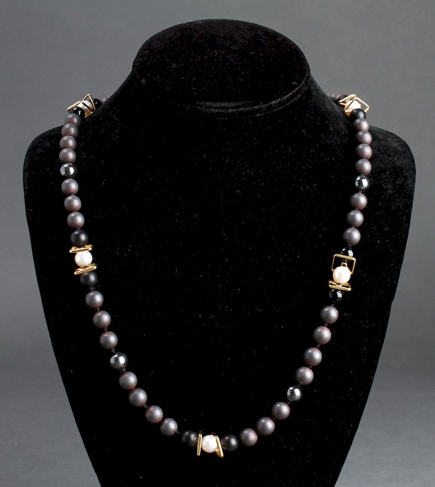 Appraisal: K Gold Pearls Hematite Onyx Beads Necklace K yellow gold