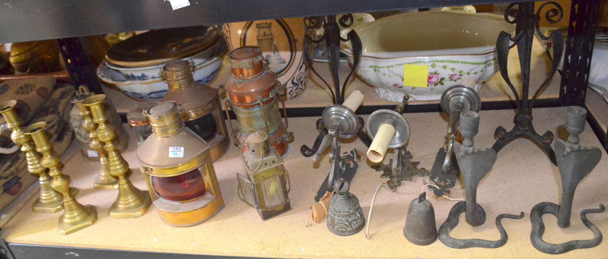 Appraisal: Collection of mixed metalwork including wall lights candlesticks bells and