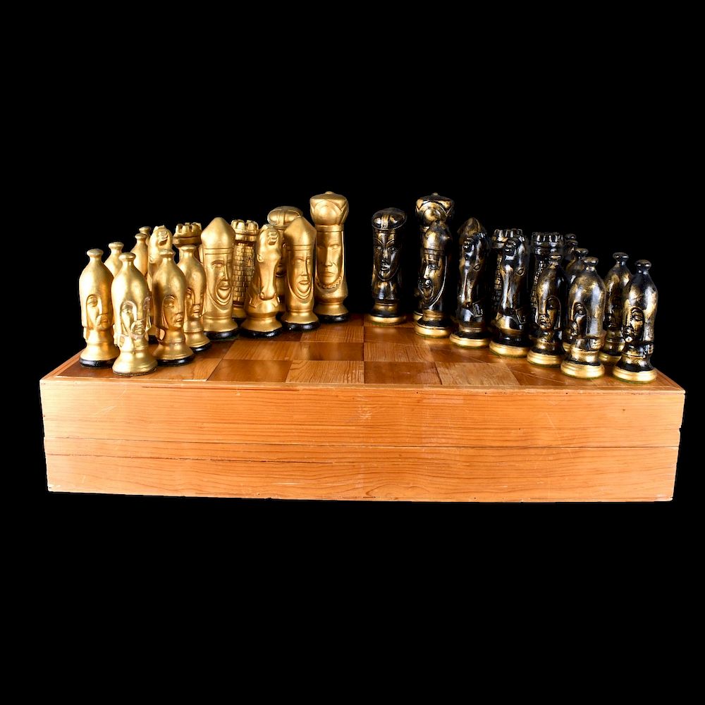 Appraisal: Oversized Vintage Pottery Chess Set In Case Oversized Vintage Pottery