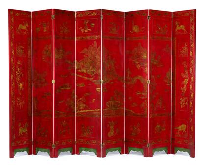 Appraisal: Red lacquer eight panel floor screen th century Each decorated